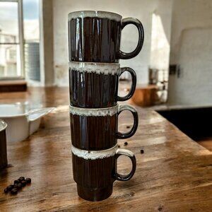 MCM Dark Brown White Drip Glaze Ribbed Stacking Coffee Mug Set of 4